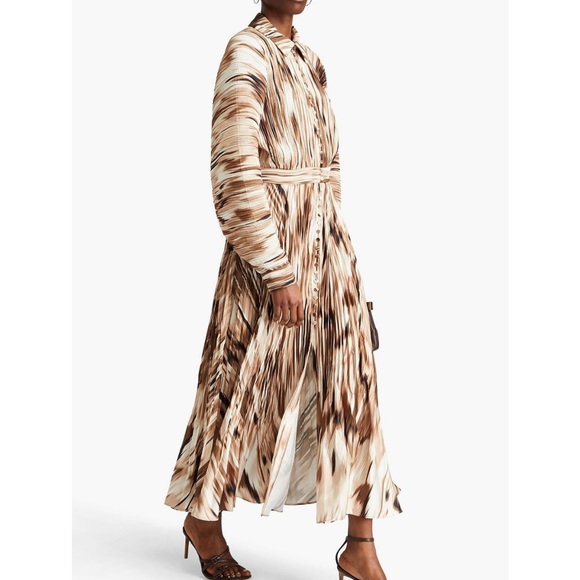 Johnathon SIMKHAI Indiana Printed Plisse Satin Midi Dress Long Sleeve - Picture 7 of 7